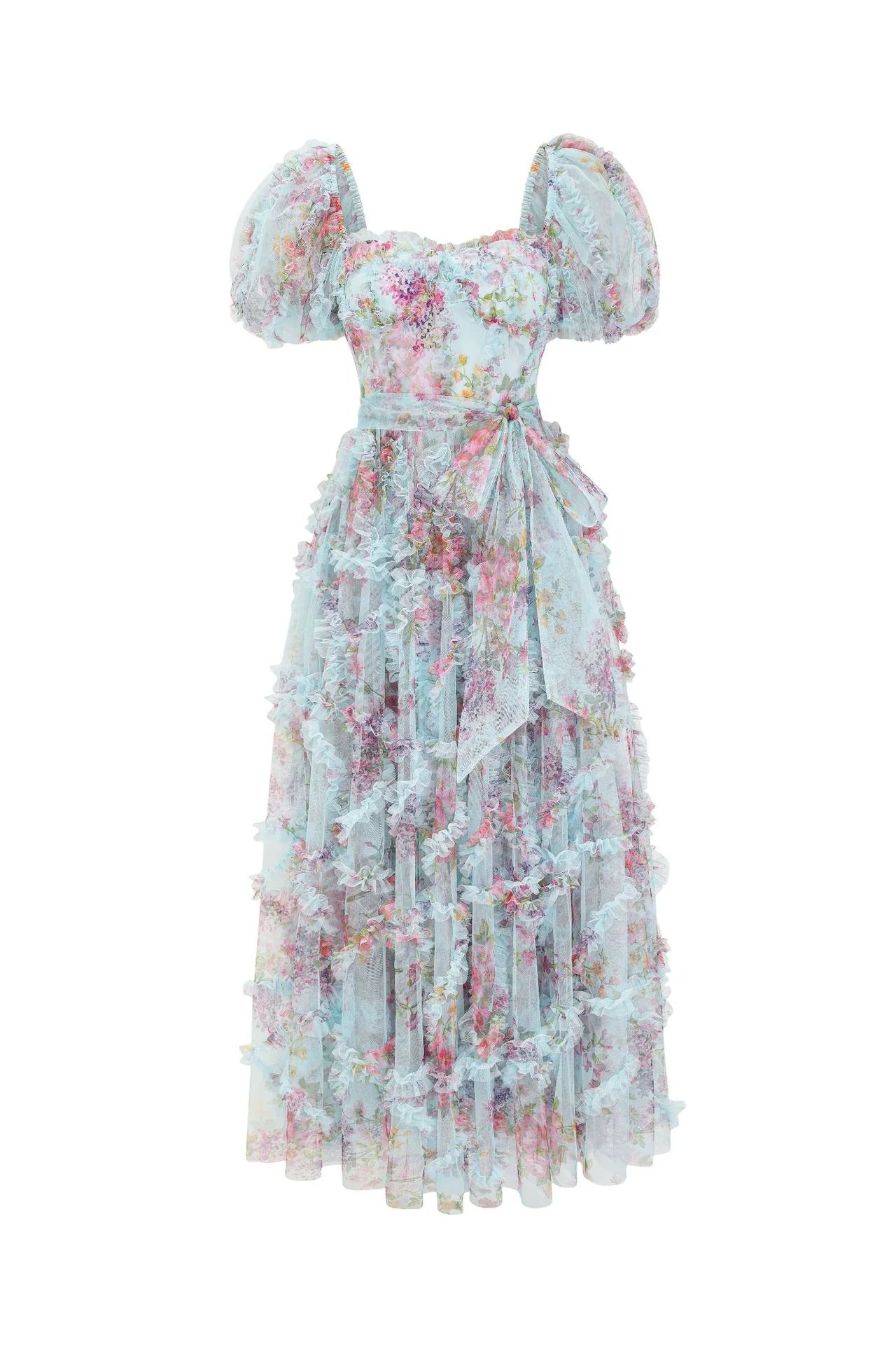 Vestido largo Weitese con escote corazón y estampado floral morado con cinturón para fiesta